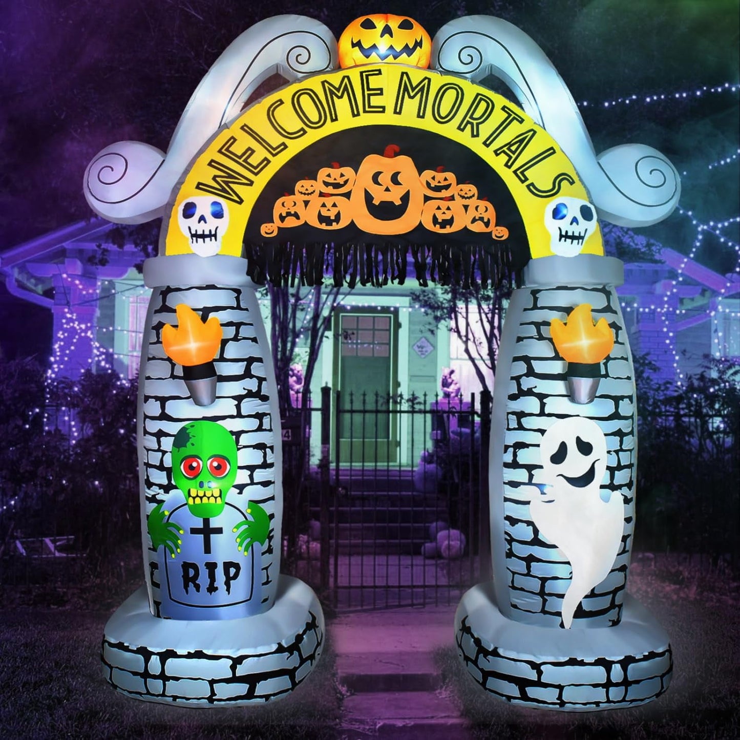 iFanze 10ft Halloween Inflatable Archway Decor, Pumpkins Arch with Ghost Skulls and Zombies for Outdoor Yard Lawn Garden Blow Up Party Decorations, Led Lights Built-In