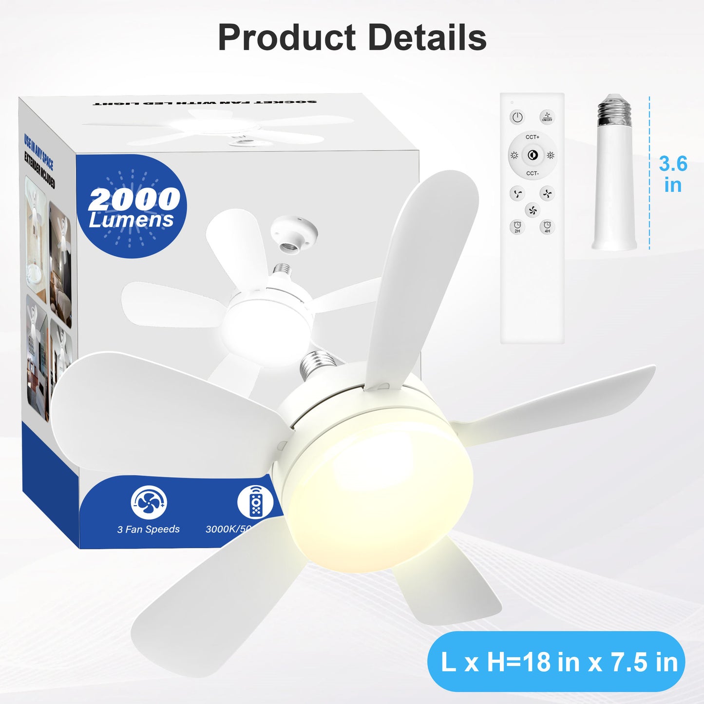 Socket Fan Light, Ceiling Fans with Lights and Remote, 3000K-6500K Dimmable LED Ceiling Fan with Light, 2000 Lumens Light Bulb Screw in Ceiling Fan for Bedroom Kitchen Living Room Closet Garage, White