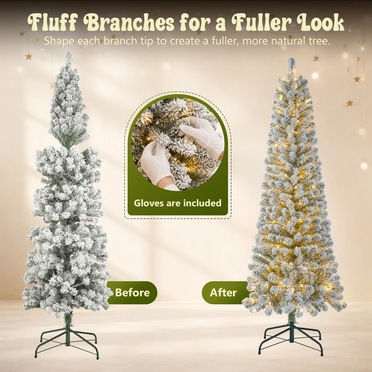 6ft Pre-Lit Snow Flocked Pencil Christmas Tree, Artificial Slim Xmas Tree with Warm White & 10 Modes Multicolor Lights for Holiday Decor