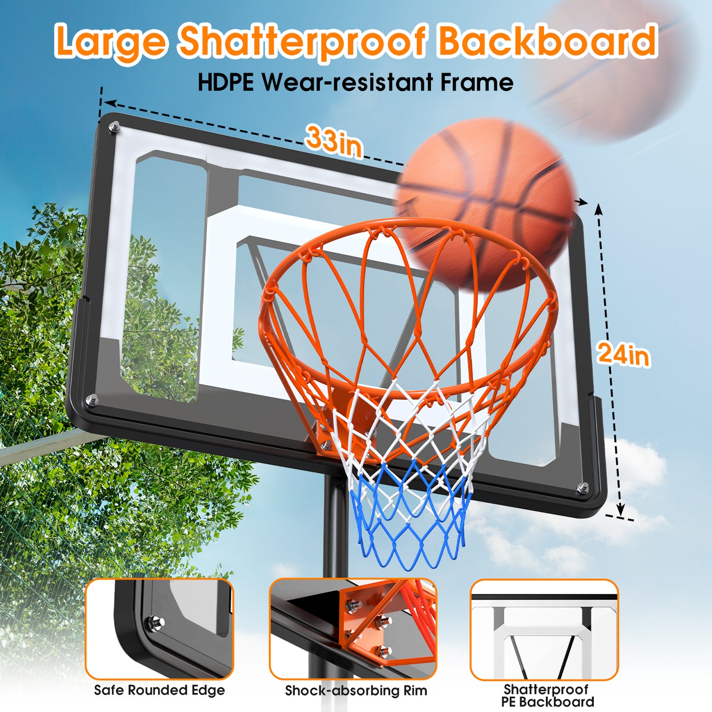 Qunler 5FT-7FT Adjustable Height Basketball Hoop Portable, Basketball Stand System for Youth Kids Teenagers, Indoor Outdoor with 32" Width PVC Backboard 2 Nets Wheels