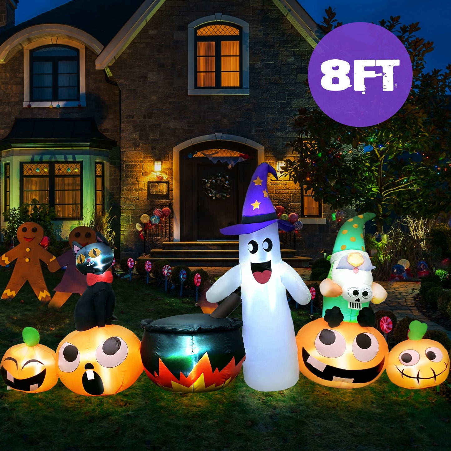 Melliful 8ft Long Halloween Inflatables Pumpkins, Blow Up Ghost and Gnome Holding Skull with Witch Cauldron, Pumpkin Inflatables Combo for Halloween Party Outdoor, Yard, Garden, Lawn Decoration