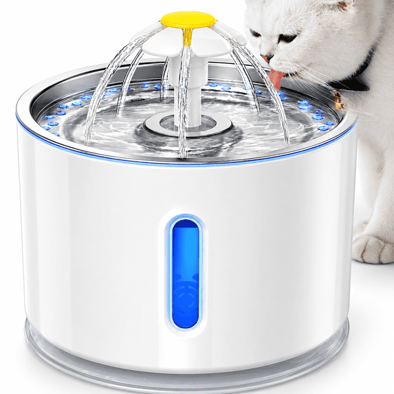 Qunler Cat Water Fountain, 80oz Automatic Pet Drinking Fountain with Stainless Steel Bowl, Ultra-Quiet Circulating Filter System with LED Light for Cats