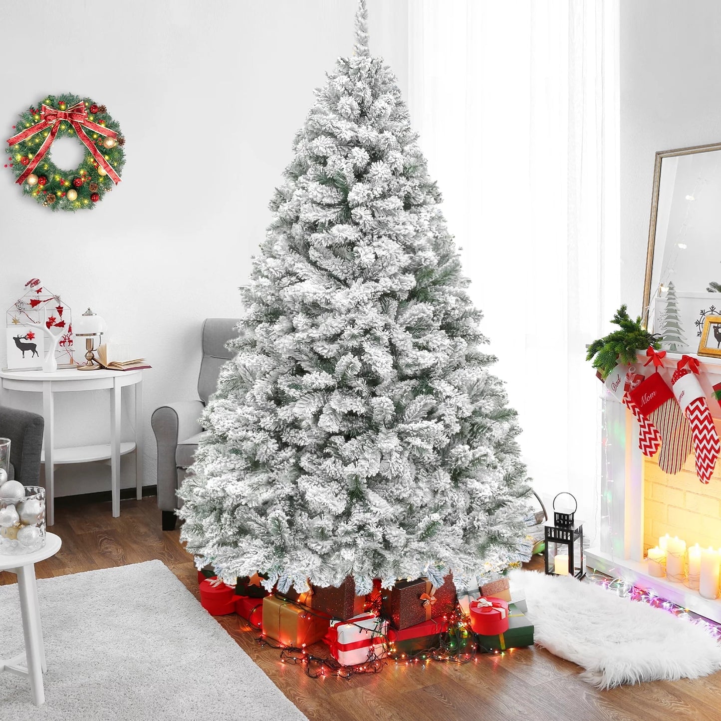 Pre-Lit Artificial Snow Flocked Pencil Christmas Tree Holiday Decoration w/ 350 Clear Lights