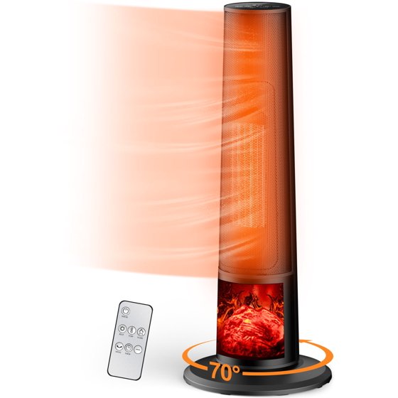 Qunler Space Heater with Remote, 1500W Portable Electric 26" Tower Heater with Tip-over and Overheat Protection, 12H Timer, Heating Fan for Desk Office, Black