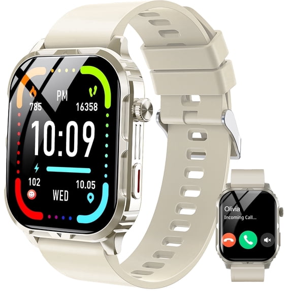 Qunler H5 Smart Watch with Bluetooth Call, IP68 Waterproof Fitness Tracker for Women and Men, Beige