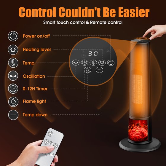 Qunler Space Heater with Remote, 1500W Portable Electric 26" Tower Heater with Tip-over and Overheat Protection, 12H Timer, Heating Fan for Desk Office, Black