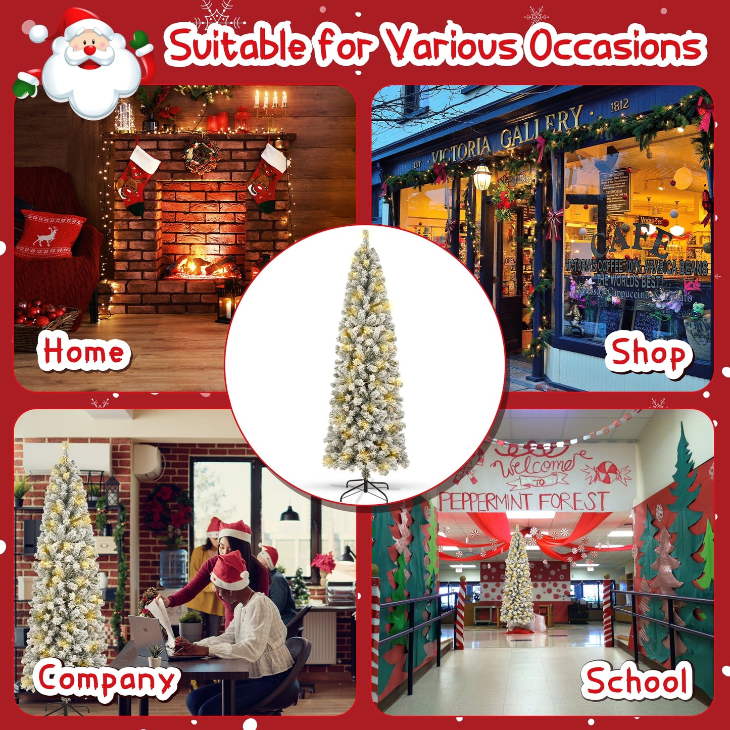 Qunler 6ft Prelit Artificial Floacked Pencil Christmas Tree with 200 Warm White & Multicolor Lights for Indoor Outdoor Christmas Holiday Decor