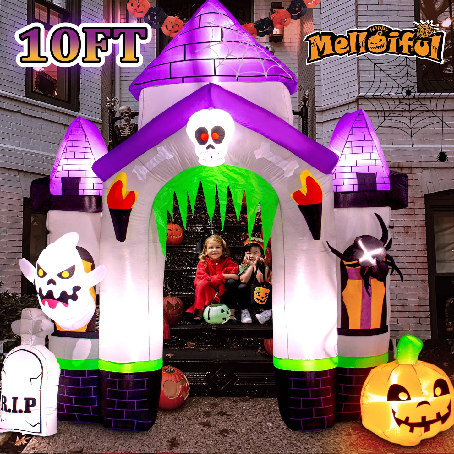 Melliful 10 ft Halloween Inflatables Archway , Castle Archway with Pumpkins Spider Ghosts Cauldron Red Torch with LED Lights,Creepy Ghost Blow up for Yard Garden Home Halloween Family Party Decor