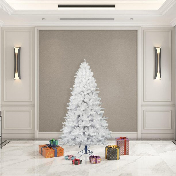 7 Foot Pre-lit Snow Flocked Christmas Tree with 300 LED Lights, Artificial Snowy Xmas Tree with Reinforced Metal Base for Home Office Party Holiday Decorations ,White