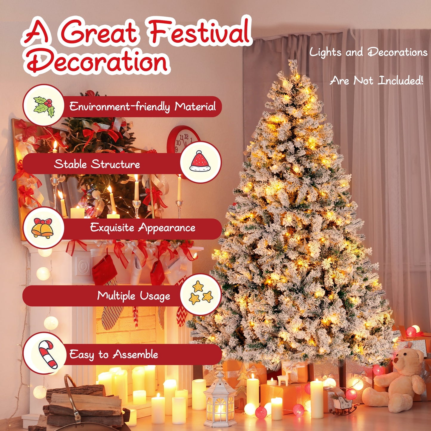 Pre-Lit Artificial Snow Flocked Pencil Christmas Tree Holiday Decoration w/ 350 Clear Lights