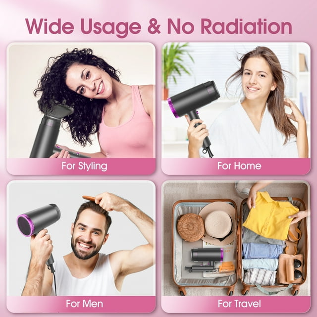 eTopeak Ionic Hair Dryer, 1875W Professional Foldable Blow Dryer Safety Upgraded, Negative Ion Technolog, 3 Heating/2 Speed/Cold Settings, Contain 1 Nozzles and 1 Diffuser, for Home Salon Travel Kids
