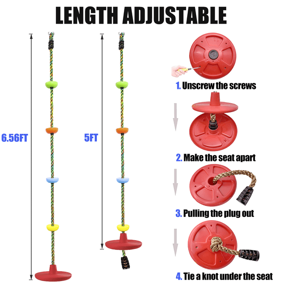 Qunler Tree Swing for Kids, 3-in-1 Climbing Rope with Disc Seat and 4 Platforms, Swing Set Accessories for Indoor & Outdoor Treehouse, Red