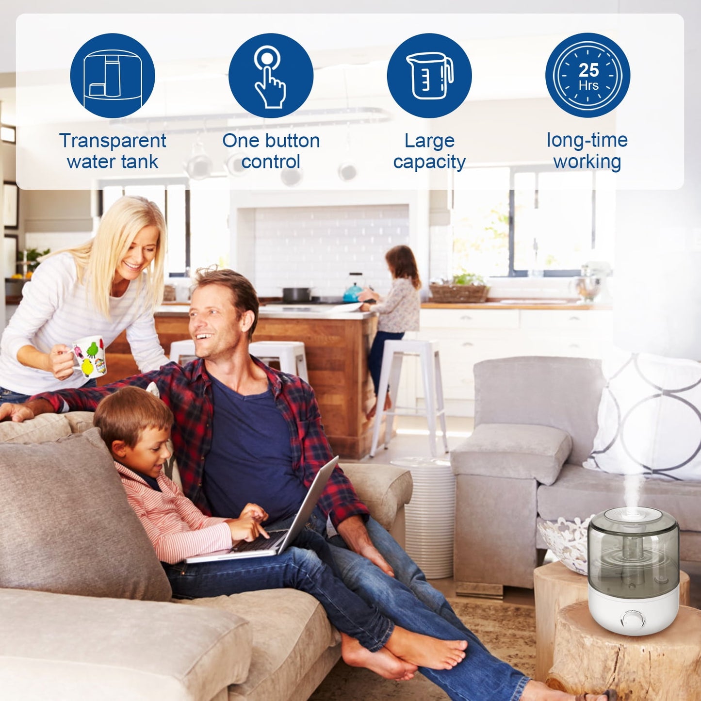 Qunler Humidifiers for Bedroom, Ultra Quiet Cool Mist Humidifier for Baby, Ultrasonic Air Humidifier with Auto Shut off, Adjustable 360° Rotation Nozzles, White