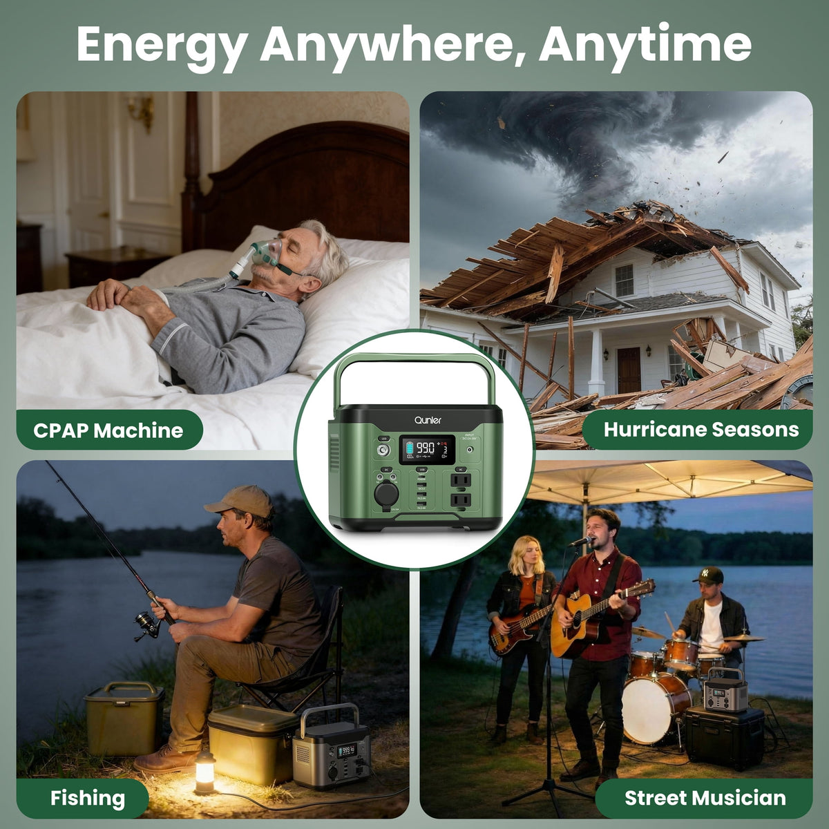 Qunler 300W 296Wh Portable Power Station, Pure Sine Wave 120V AC Outlet, 60W USB-C PD Backup Power Supply for Camping & Emergency,Green