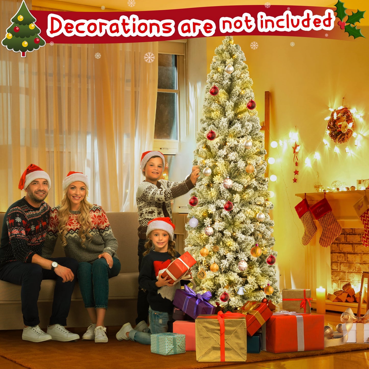 Qunler 6ft Prelit Artificial Floacked Pencil Christmas Tree with 200 Warm White & Multicolor Lights for Indoor Outdoor Christmas Holiday Decor
