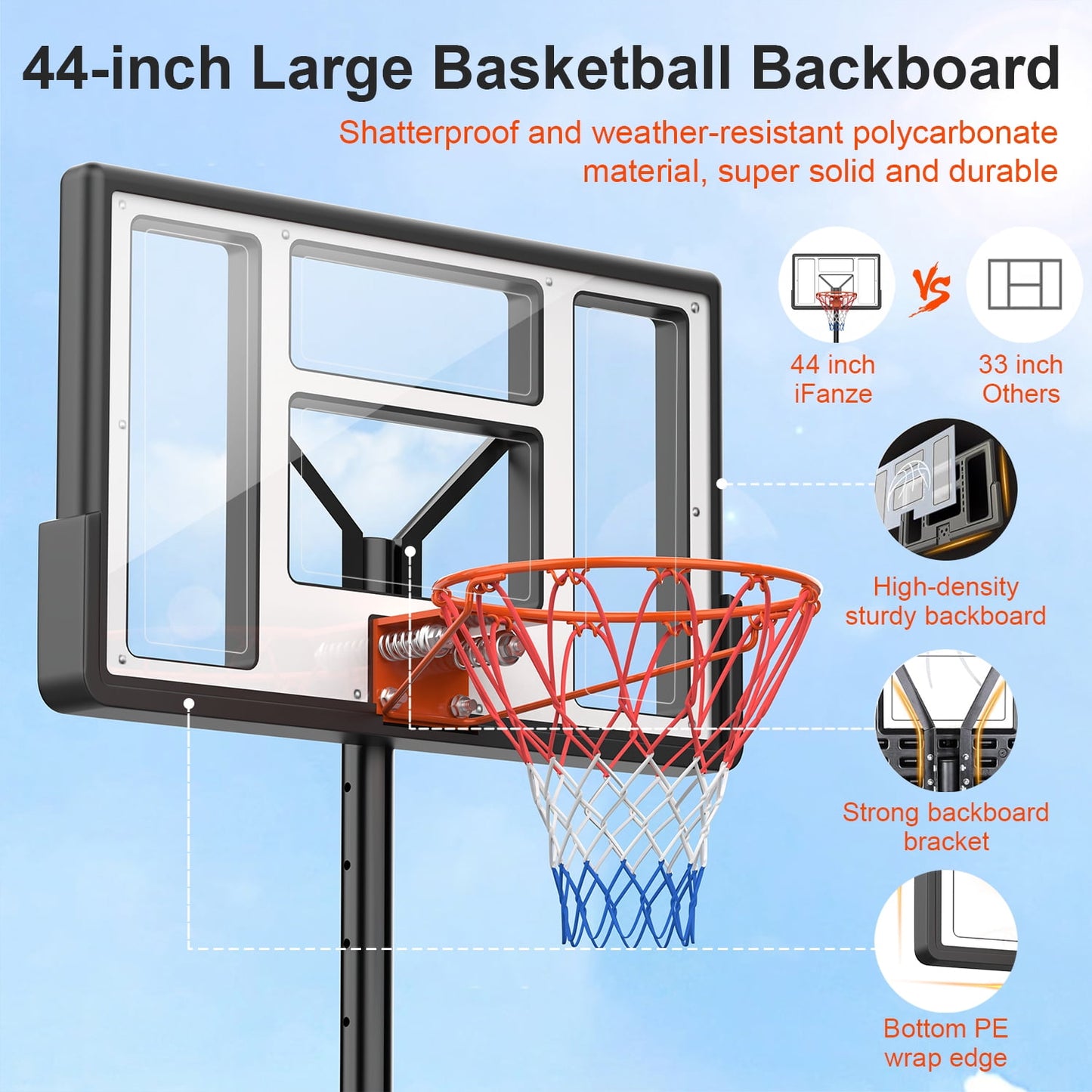 Qunler 44" Basketball Hoop, 4.4-10ft Height Adjustable Portable Basketball Goal System with Shatterproof PVC Backboard and 18" Rim, Kids Adults Basketball Court Indoor Outdoor