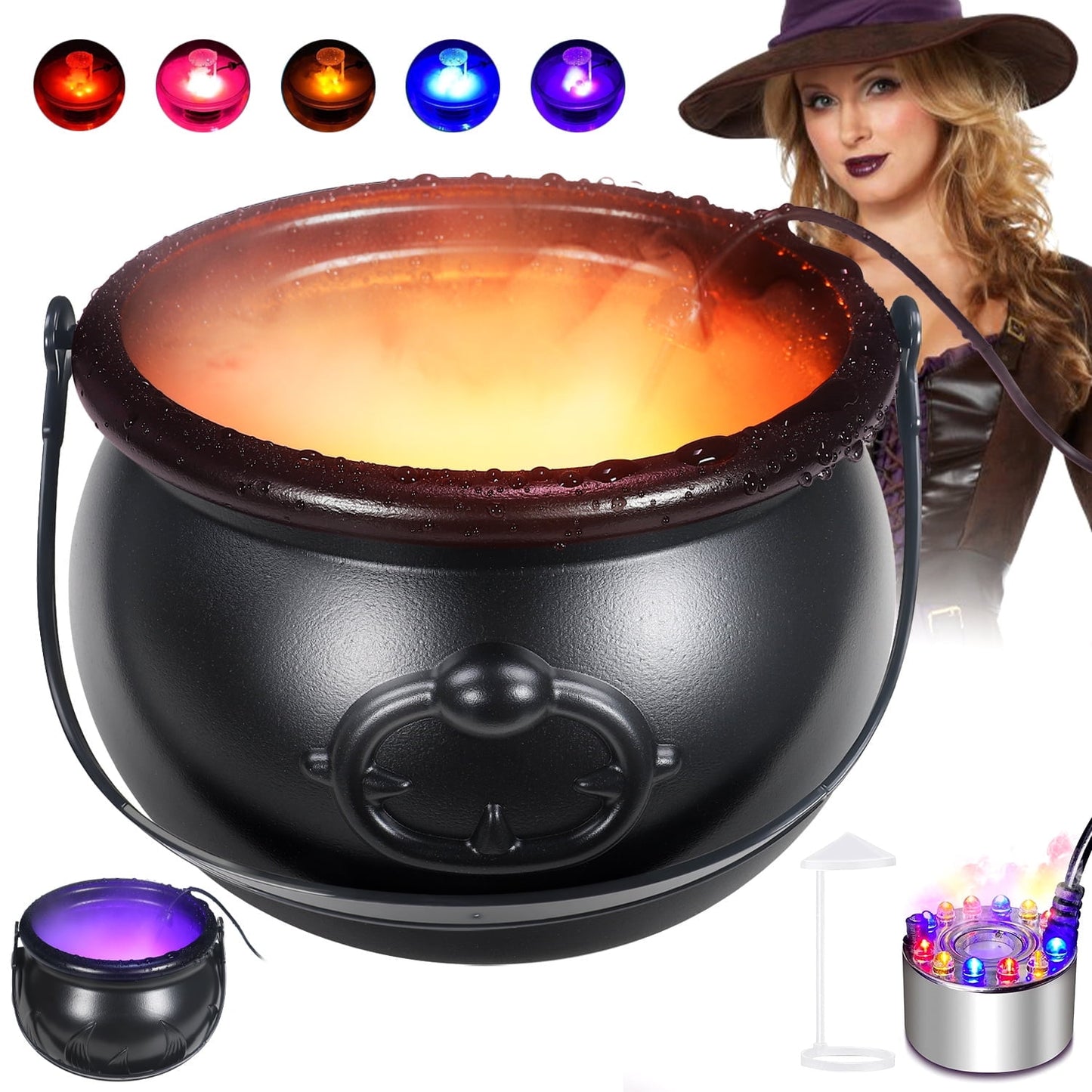 Halloween Cauldron Witch Pot Aluminum Mist Maker Fogger Candy Holder with RGB LED Lights