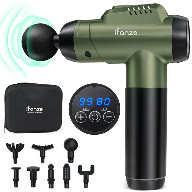 iFanze Massage Gun Deep Tissue, 99 Speeds Quiet Handheld Electric Muscle Massager with 8 Replacement Heads for Gym Office Home Post-Workout Recovery, Green