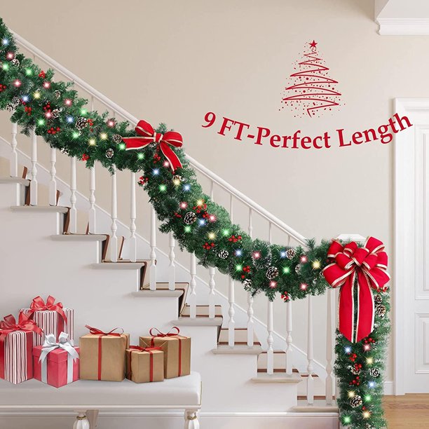 9 Ft Pre-lit Christmas Garland, Vinmall Decorated Garland with Lights Battery, Pine Mantle Garland for Outdoor Indoor Fireplace Mantel Door Railing Christmas Tree Xmas Holiday