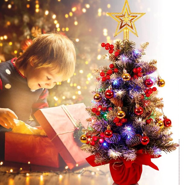 20in Pre-Lit Tabletop Artificial Christmas Tree in Green for Home, Office, Party Decoration with LED Light String, red Star Topper and Christmas Tree Ornaments set. Foldable Stand