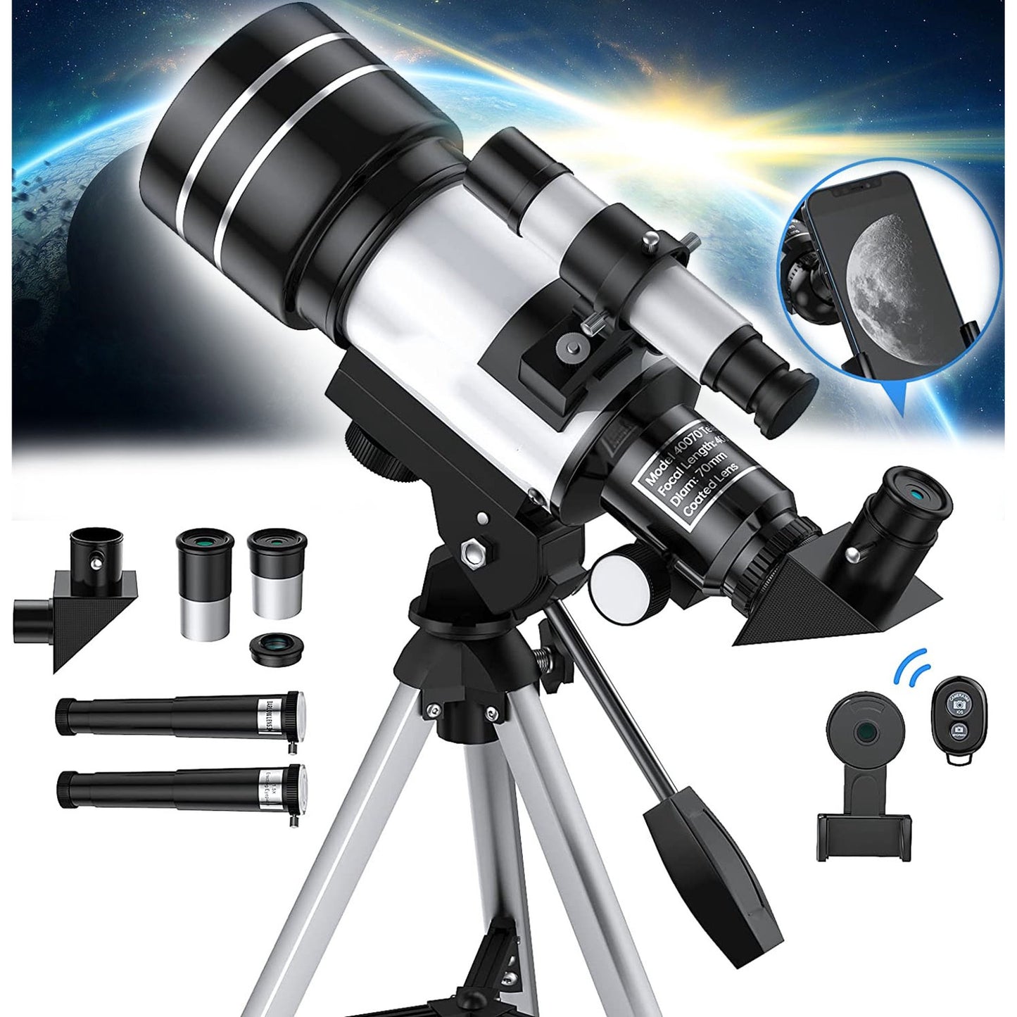 Doosl Telescope for Adults & Kids, 70/300mm Aperture Refractor Portable Telescopes for Astronomy Beginners, with Height Adjustable Tripod & Phone Adapter & Wireless Remote, Silver