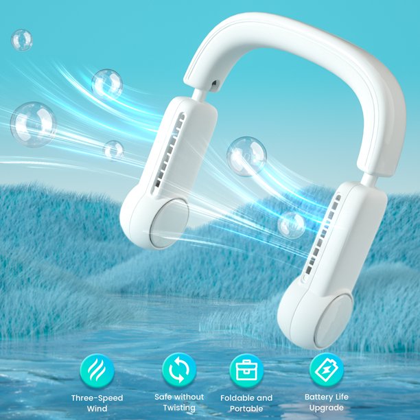 Portable Neck Fan, Rechargeable 3000mAh Battery Operated Wearable Personal Bladeless Fan, 360°Cooling Hands-Free Fan with 3 Speeds, Leafless Neck Fan for Travel, Outdoor, Home, Office