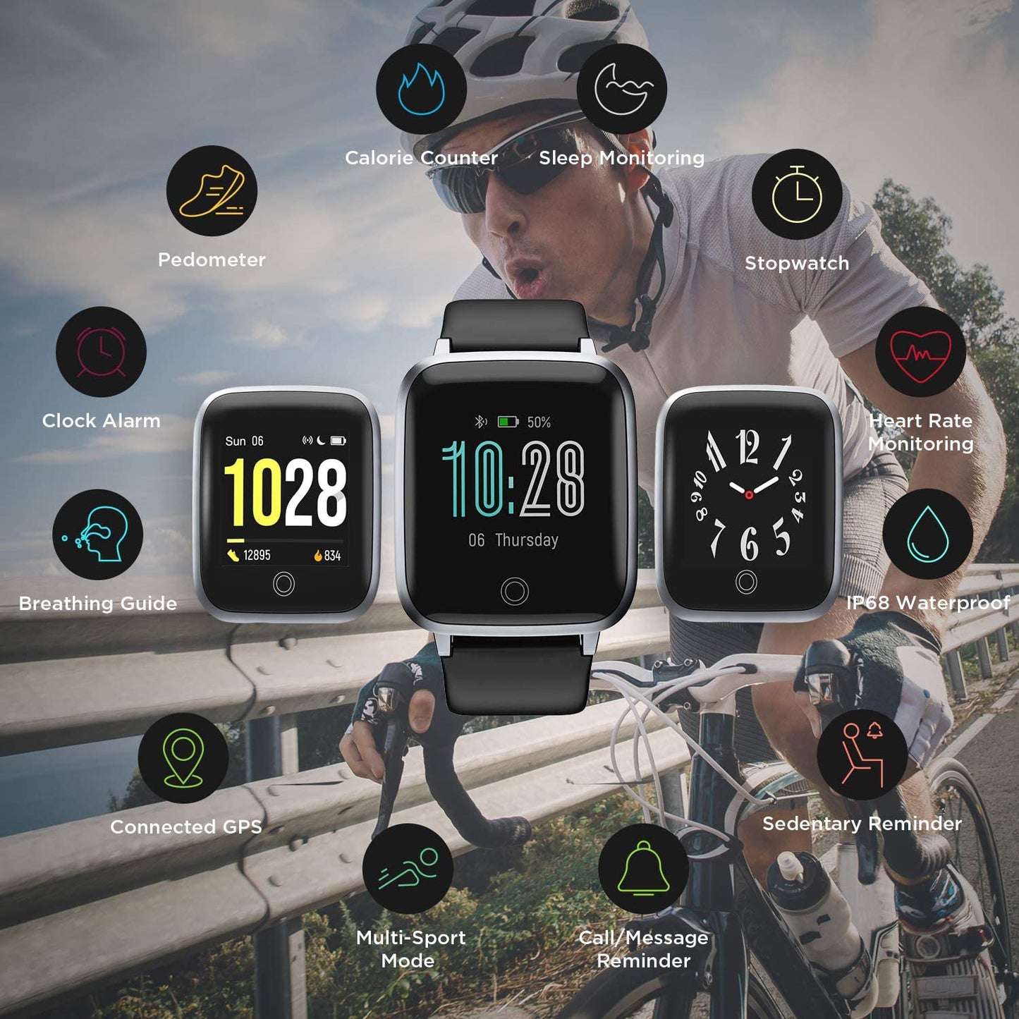 Doosl ID205S Smart Watch, Fitness Watch for Android and iOS Phones, Heart Rate Monitor, Sleep Tracking, IP68 Waterproof, Step Calorie Counter for Men Women, Black