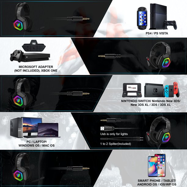 ONIKUMA K10 Gaming Headset,Stereo Bass Surround RGB Noise Cancelling Over Ear Headphones with Mic,for PS4 Xbox One PC Nintendo Switch Tablet Smartphone