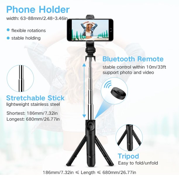 Selfie Stick Tripod, Extendable Bluetooth Selfie Stick with with Wireless Remote Shutter Compatible with iPhone 11/11 pro/X/8/8P/7/7P/6s/6, Samsung Galaxy S9/S8/S7/Note 9/8