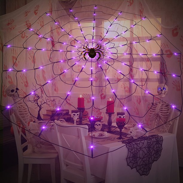 Halloween Spider Web Light with Black Spider, Purple 3.93 FT 8 Mode 80 LED Spider Web Lights Battery Operated, Suitable for Party, Yard, Indoor Outdoor Halloween Decoration