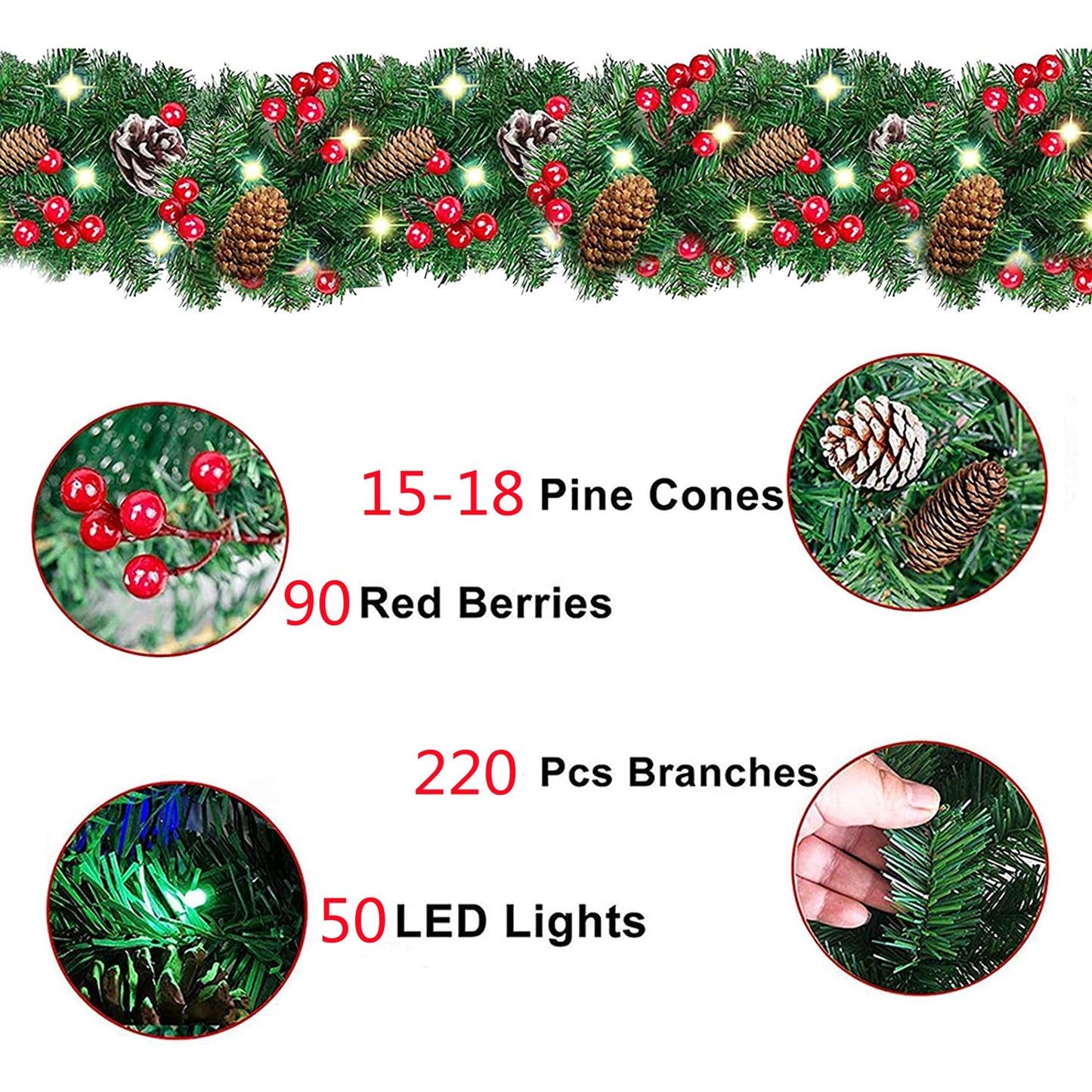 Vinmall Pre-lit Christmas Garland with LED Lights, Pinecones and Red Berries, 9 ft Lenth, 10 inch Width