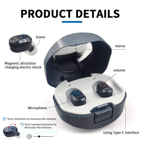 Rechargeable Hearing Aids, Vinmall Completely-in-Canal (CIC) Mini Digital Amplifiers for Seniors & Adults, Blue & Red, Pair