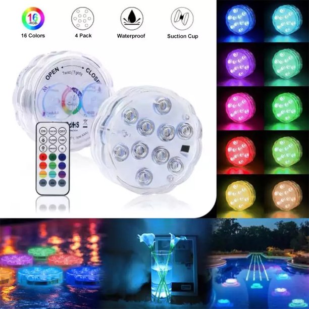 4Pack Submersible LED Lights with Remote, Waterproof Underwater Lights Battery Operated 16 Color Changing Lamp with Suction Cups Magnets for Pool Pond Aquarium Bathtub Shower Decoration