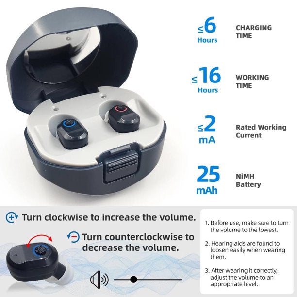 Doosl Rechargeable Hearing Aids with Portable Charging Case, Hearing Amplifiers for Both Ears, Volume Adjustable, In-Ear Hearing Devices for Seniors, 1 Pair, Black