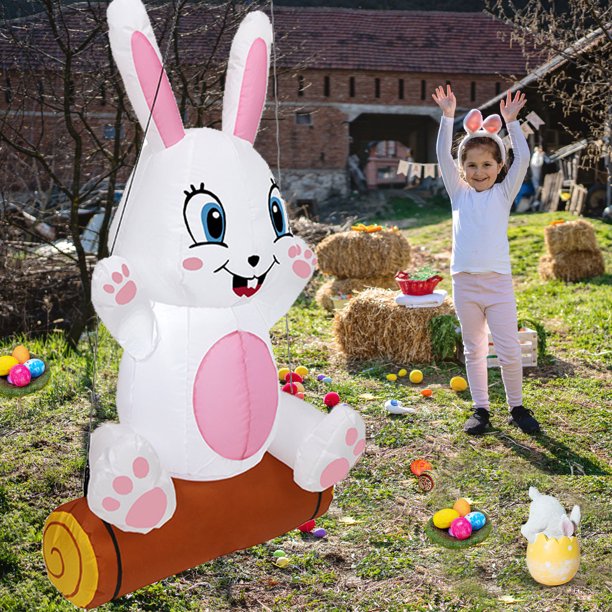 4Ft Easter Inflatable Bunny Decoration Blow Up Bunny Holiday Decoration with LED Lights for Yard Lawn Outdoor ,Hanging Bunny