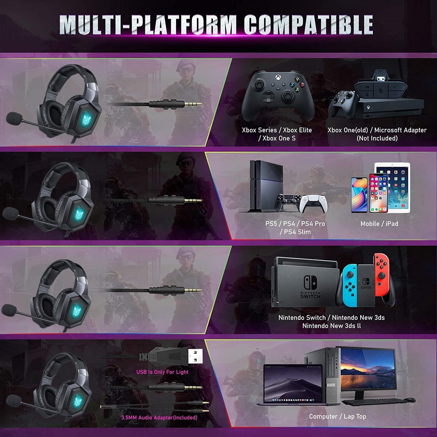 ONIKUMA K8 Gaming Headsets, Surround Stereo Sound Gaming Headphones with Flexible Mic LED Lights, Over-Ear Noise Cancelling Headsets for PS4, Xbox One, PS5, Nintendo Switch, PC, Mac, Mobile