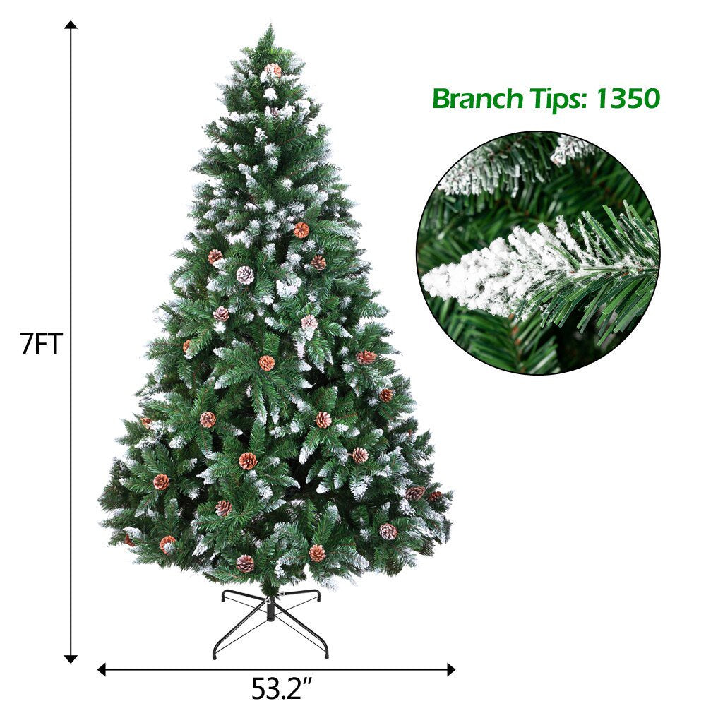 Melliful 7ft Artificial Christmas Tree, with 600 Branch Flocking Spray White Tree Plus Pine Cone, Pre-lit Pencil Feel Real Skinny Fir Tree with 61 Cones Berries and Foldable Metal Stand