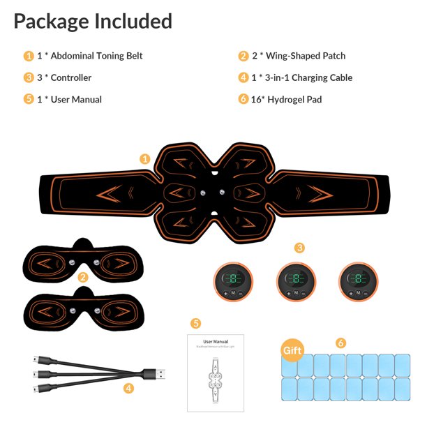 Qunler Abs Stimulator, Ab Stimulator, Rechargeable Ultimate Muscle Toner Trainer for Men Women Abdominal Fitness Workout EMS Muscle Stimulation with 16 Extra Gel Pads