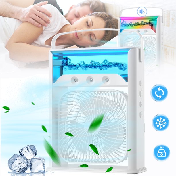 Evaporative Air Cooler Fan, Rechargeable Air Conditioner Fan with Temperature Display, 7 Colors LED Night Light, Air Cooler with with 3 Speed and Handle for Home Office Camping, White