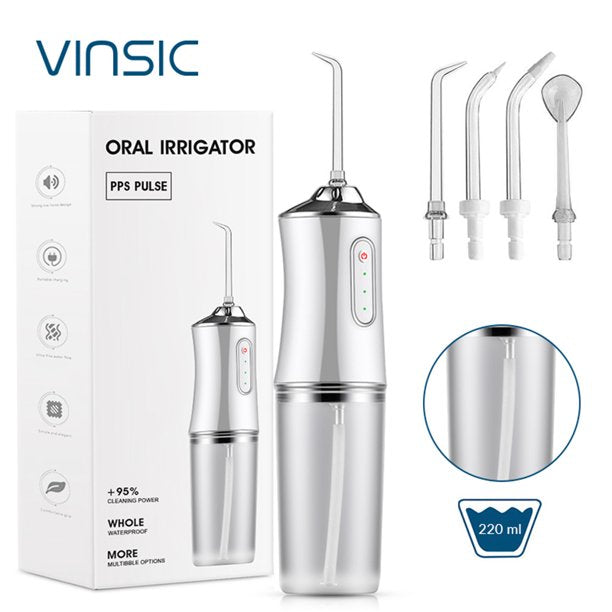 Vinsic Portable Water Flossers, Cordless Dental Oral Irrigator with IPX7 Waterproof and Rechargeable for Travel Home Office, 220ml, white
