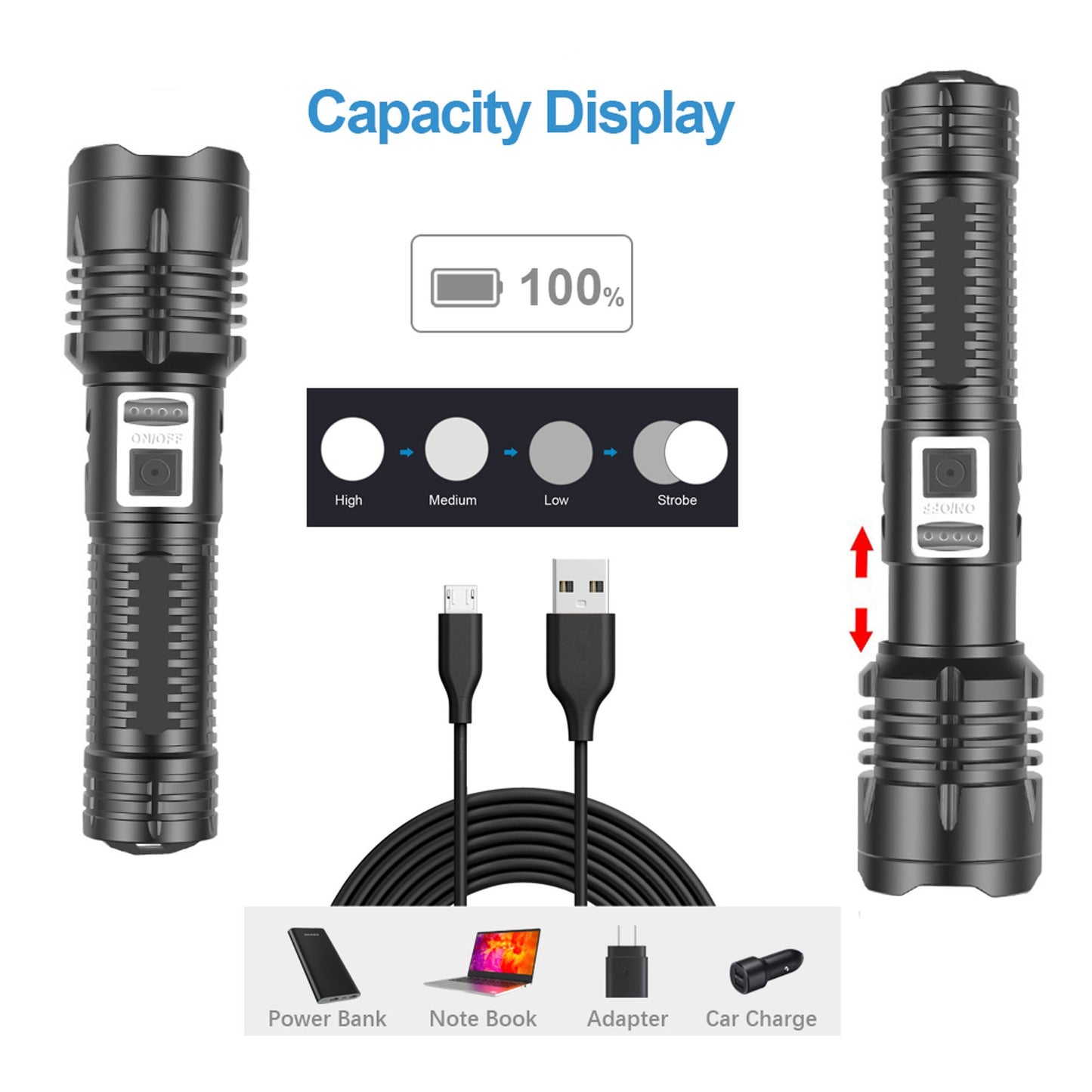 USB Rechargeable Outdoor Flashlight, 100000 Lumens Zoomable Tactical Waterproof XHP99 Searchlight Super Bright Flashlights with 5 Modes for Hiking Hunting Camping Sport (Battery Included)