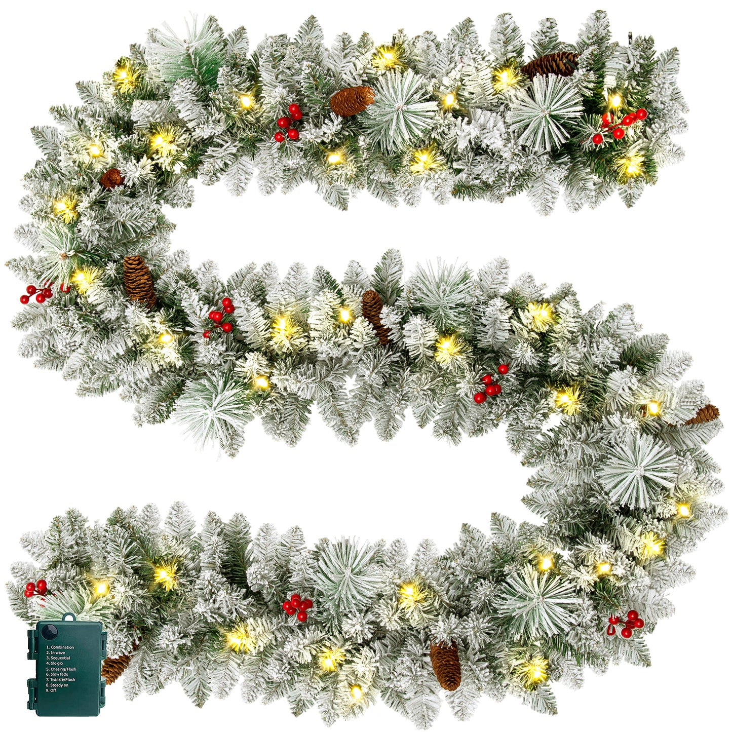 iFanze 9 FT Pre-Lit Christmas Garland with Lights for Outdoor Indoor, Lighted Pine Cone Snow Christmas Garlands with 80 LED Battery Powered String Light for Xmas Party Home Fireplace Front Decor