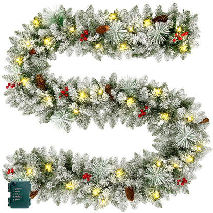 iFanze 9 FT Pre-Lit Christmas Garland with Lights for Outdoor Indoor, Lighted Pine Cone Snow Christmas Garlands with 80 LED Battery Powered String Light for Xmas Party Home Fireplace Front Decor