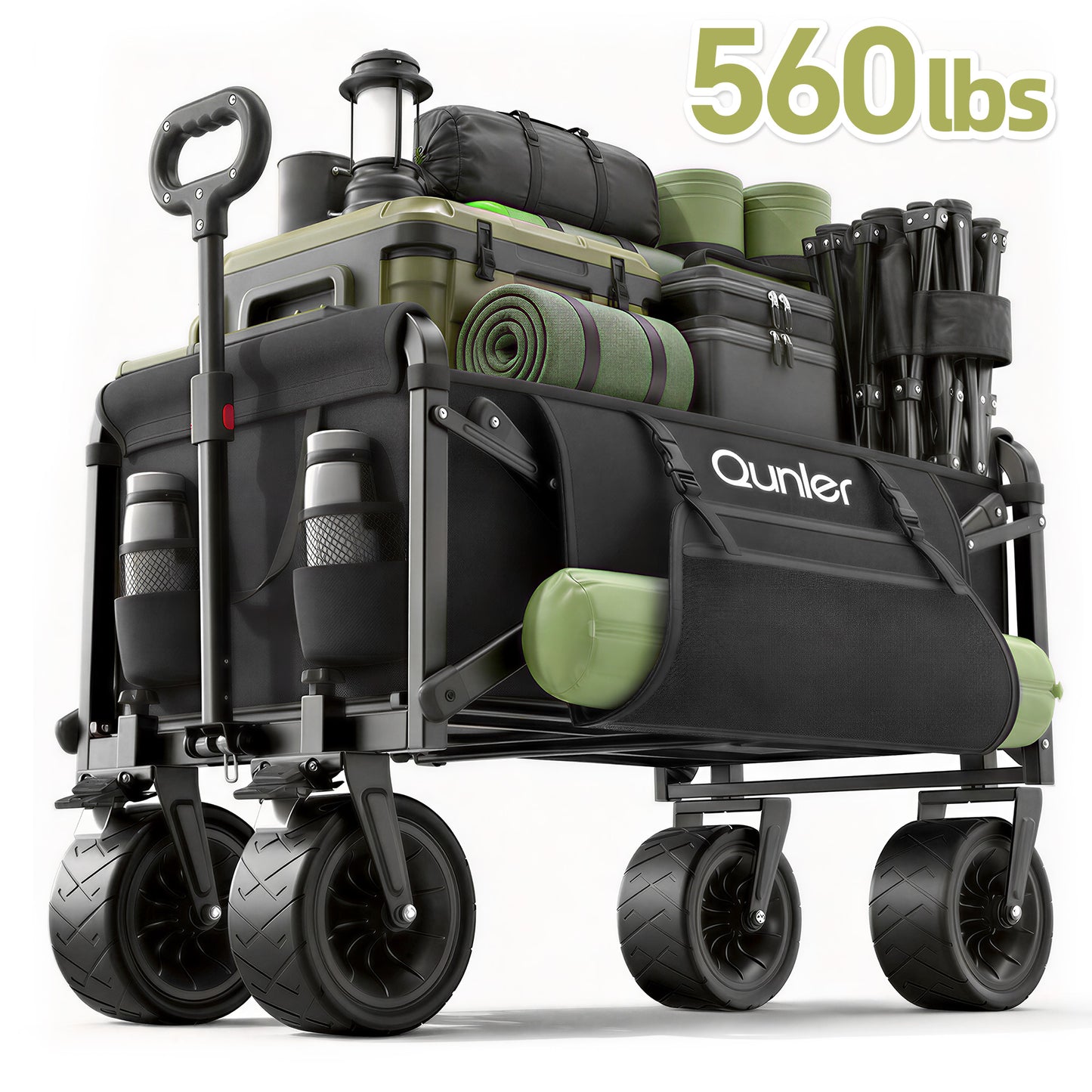 Qunler Collapsible Wagon Cart, 560lbs Heavy Duty Large Utility Garden Cart with Brake Wheels and Side Pocket for Camping, Shopping, Kids, Sports, Grocery, Black