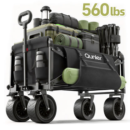 Qunler Collapsible Wagon Cart, 560lbs Heavy Duty Large Utility Garden Cart with Brake Wheels and Side Pocket for Camping, Shopping, Kids, Sports, Grocery, Black