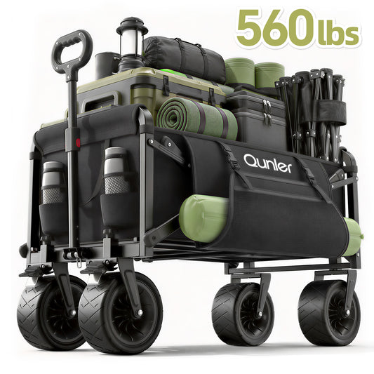 Qunler Collapsible Wagon Cart, 560lbs Heavy Duty Large Utility Garden Cart with Brake Wheels and Side Pocket for Camping, Shopping, Kids, Sports, Grocery, Black