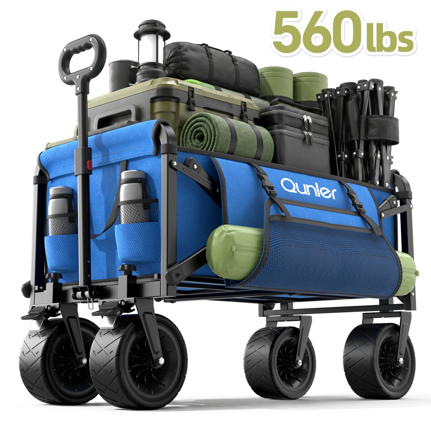Qunler 560lbs Collapsible Folding Wagon, Heavy Duty Utility Beach Cart with 8" Wheels and Side Pocket, Large Capacity for Camping, Beach, Shopping, Sports, Outdoor, Blue