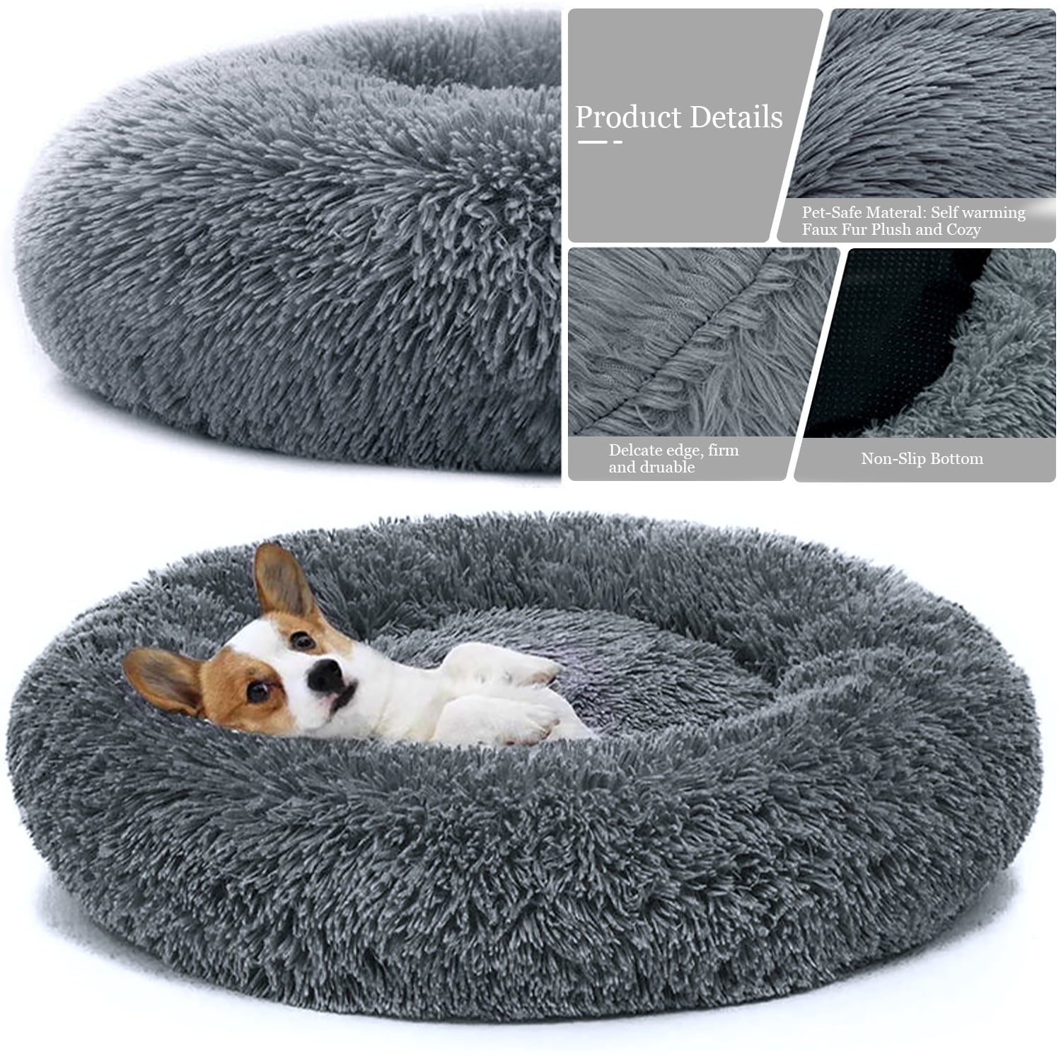 Calming Dog & Cat Bed, Anti-Anxiety Donut Cuddler Warming Cozy Soft Round Bed, Fluffy Faux Fur Plush Cushion bed for Small Medium Dogs and Cats, 24"