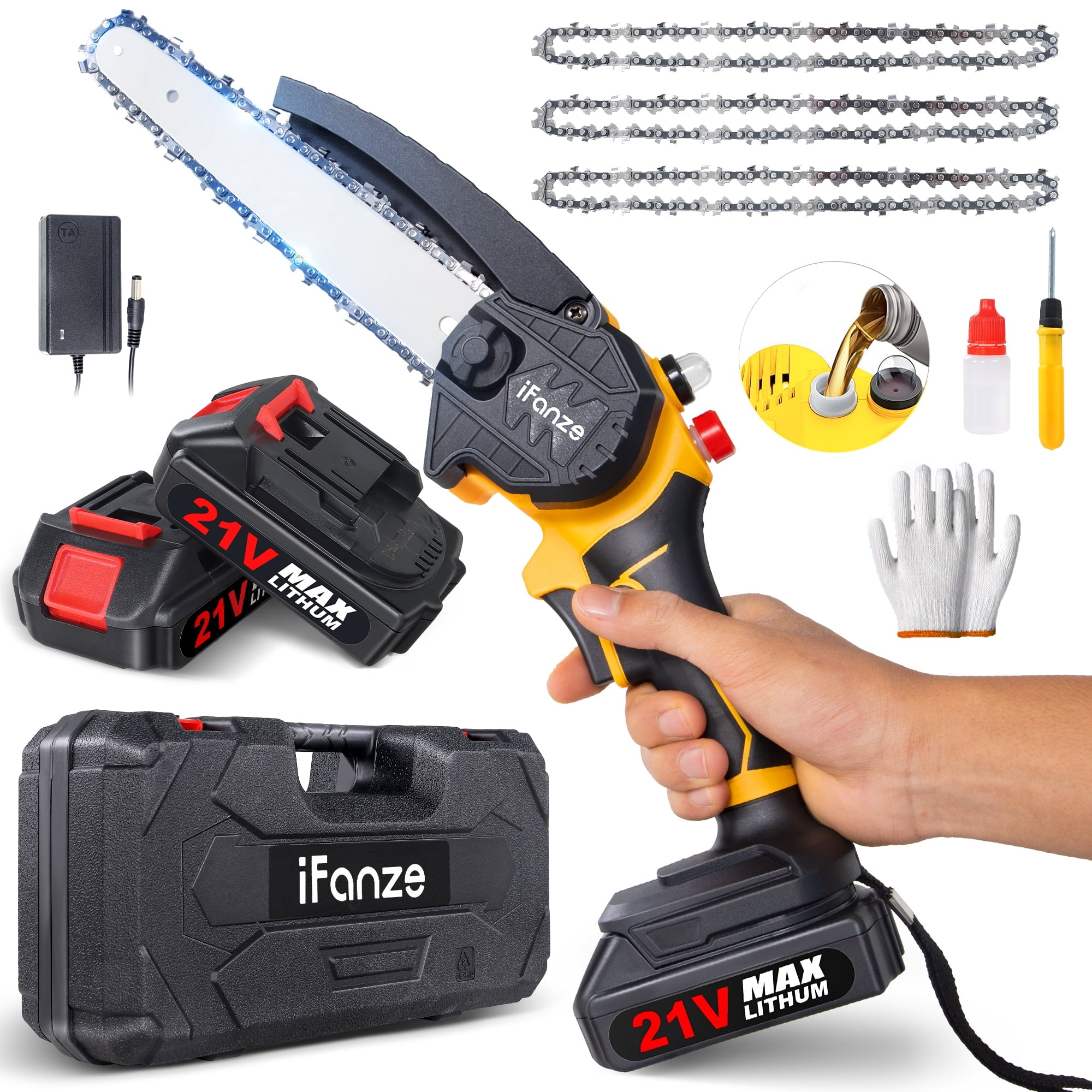 Jorocks Mini Chainsaw 8-inch, Cordless Power Chain Saws with 2 Batteries 3 Chains, Handheld Small Chainsaw for Wood Cutting Tree Trimming Pruning