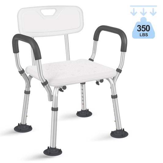 Adjustable Shower Chair, Shower Seat with Back and Padded Handles, Bath Chair for Seniors, Elderly, Disabled, Handicap and Injured, 350 lb Capacity